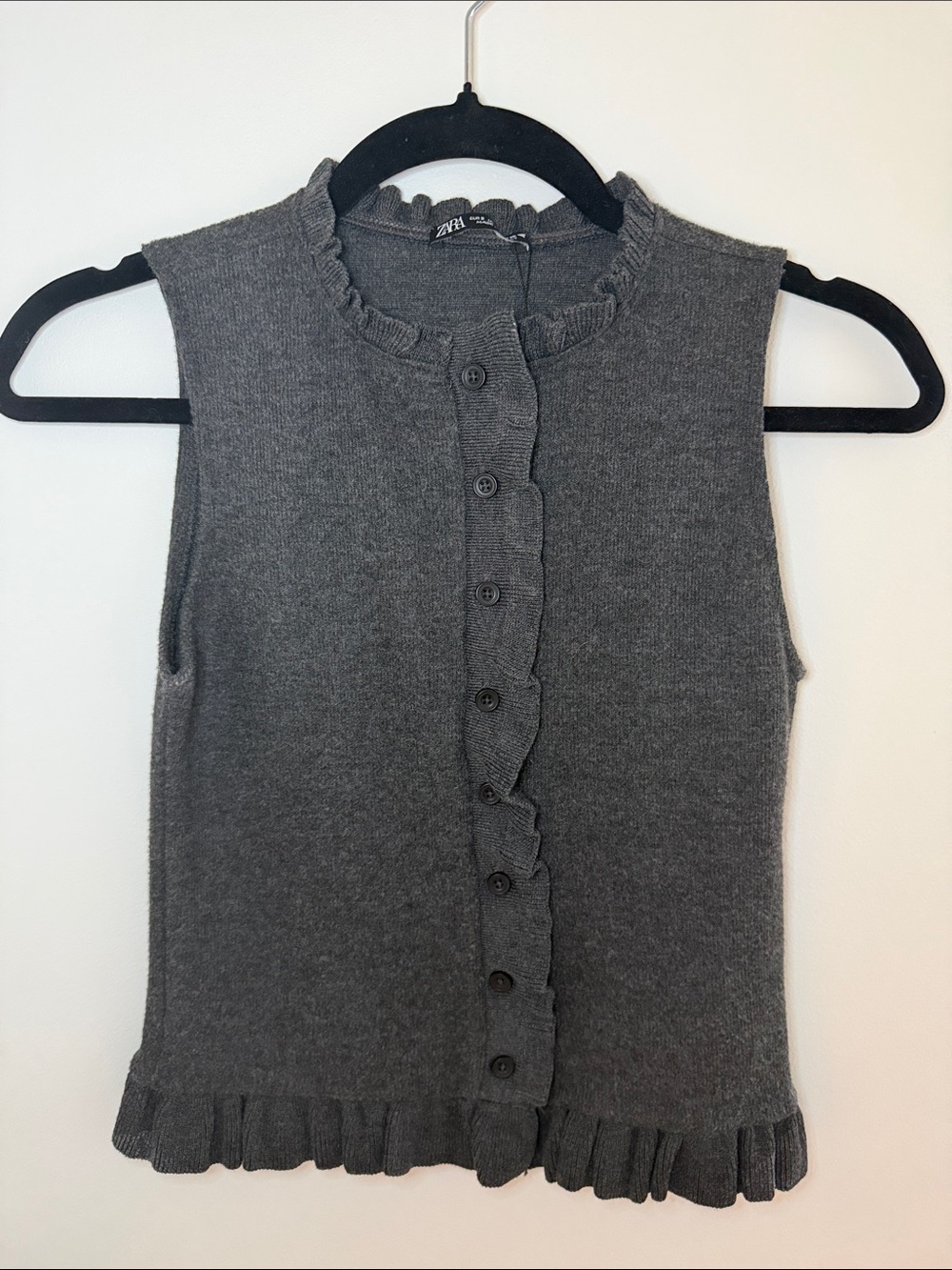 Zara Dark Gray Ruffle-Trim Sleeveless Button Tank